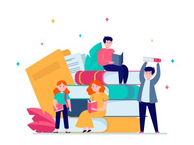 Focused tiny people reading books. Studying, story, library flat vector illustration. Knowledge and education concept for banner, website design or landing web page